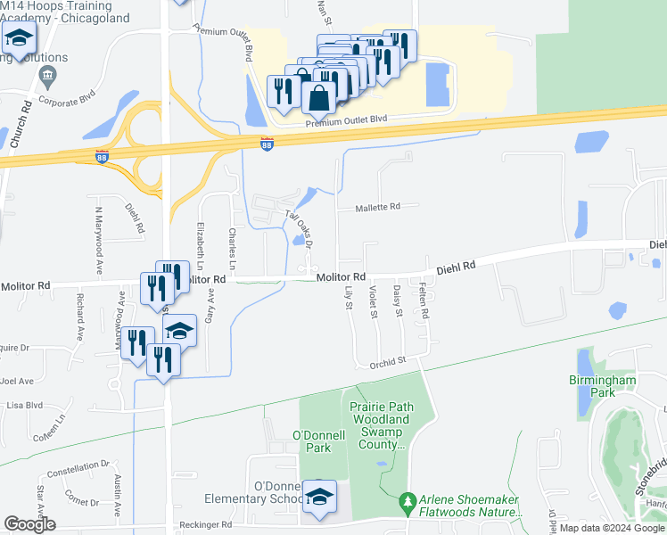 map of restaurants, bars, coffee shops, grocery stores, and more near 1664 Molitor Road in Aurora