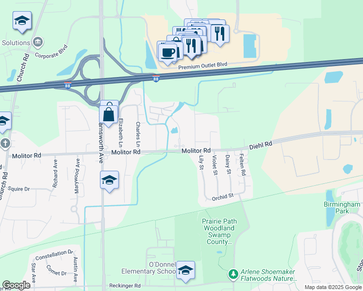 map of restaurants, bars, coffee shops, grocery stores, and more near 1875 Tall Oaks Drive in Aurora