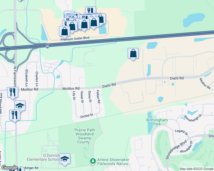 map of restaurants, bars, coffee shops, grocery stores, and more near Molitor Road in Aurora
