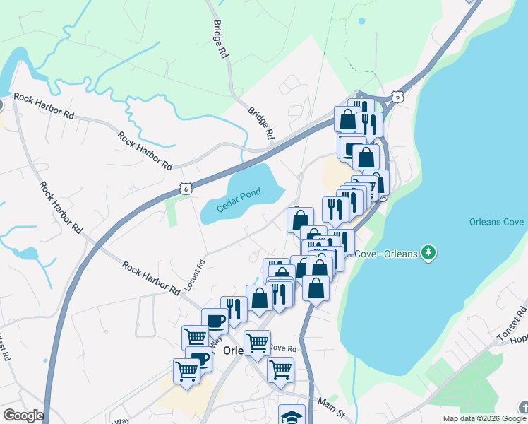 map of restaurants, bars, coffee shops, grocery stores, and more near 58 Locust Road in Orleans
