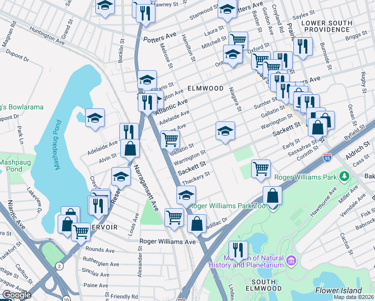 map of restaurants, bars, coffee shops, grocery stores, and more near 241 Gallatin Street in Providence