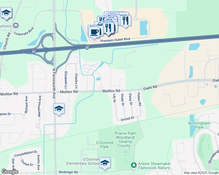 map of restaurants, bars, coffee shops, grocery stores, and more near 1960 Selmarten Road in Aurora