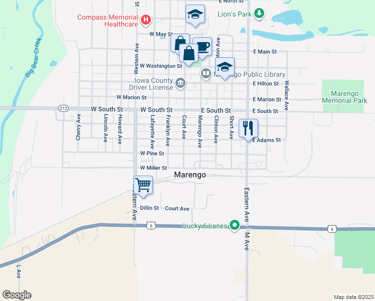 map of restaurants, bars, coffee shops, grocery stores, and more near 500 Court Avenue in Marengo