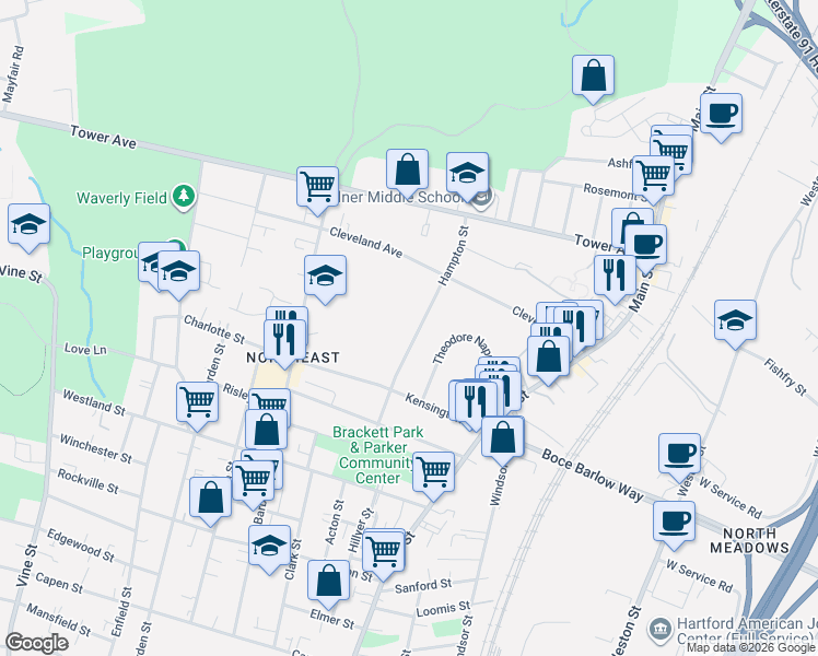map of restaurants, bars, coffee shops, grocery stores, and more near 107 Hampton Street in Hartford