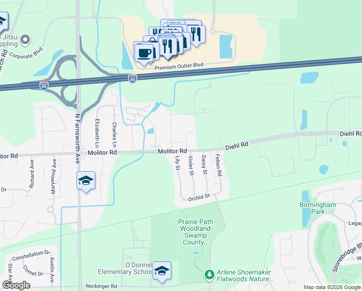 map of restaurants, bars, coffee shops, grocery stores, and more near 1684 Molitor Road in Aurora