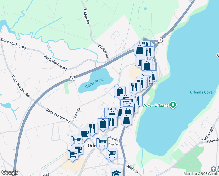map of restaurants, bars, coffee shops, grocery stores, and more near 58 Locust Road in Orleans