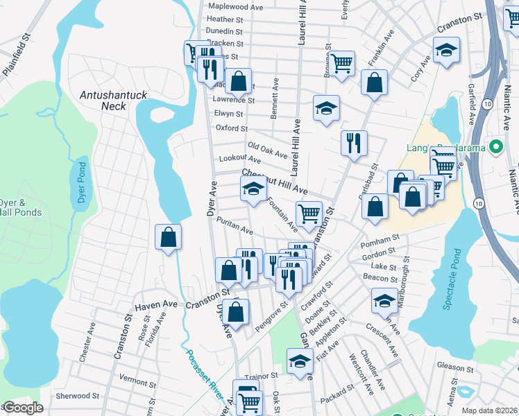 map of restaurants, bars, coffee shops, grocery stores, and more near 155 Princess Avenue in Cranston