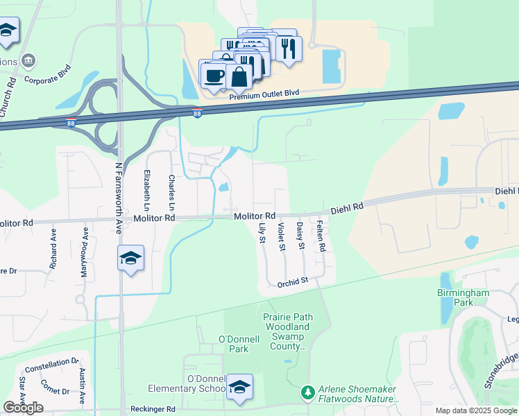 map of restaurants, bars, coffee shops, grocery stores, and more near 1664 Molitor Road in Aurora
