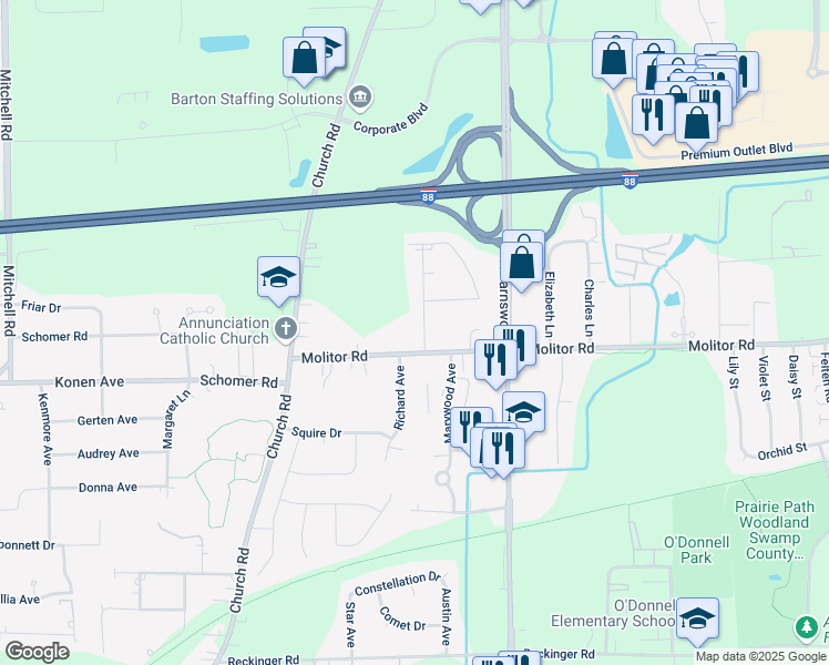 map of restaurants, bars, coffee shops, grocery stores, and more near 1750 North Marywood Avenue in Aurora