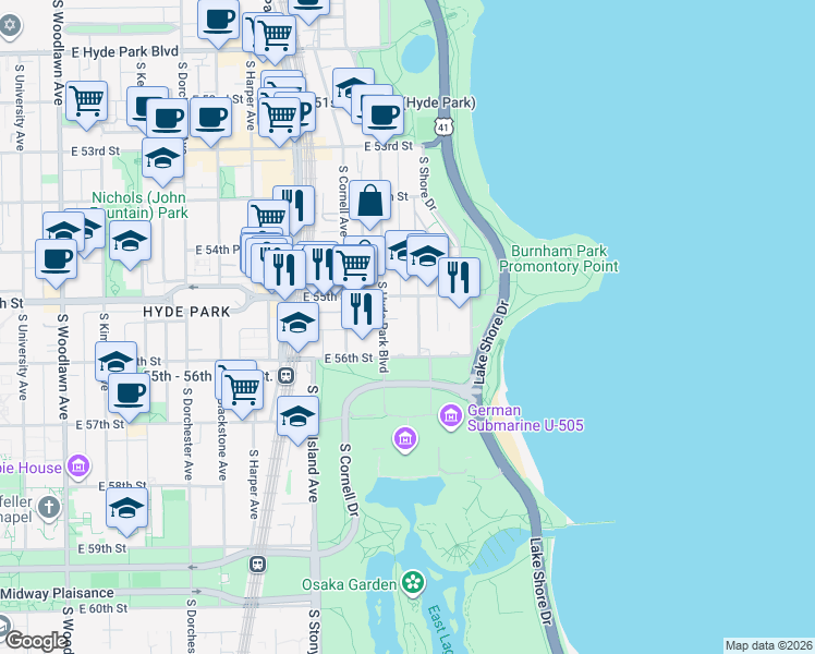 map of restaurants, bars, coffee shops, grocery stores, and more near 5525 South Hyde Park Boulevard in Chicago