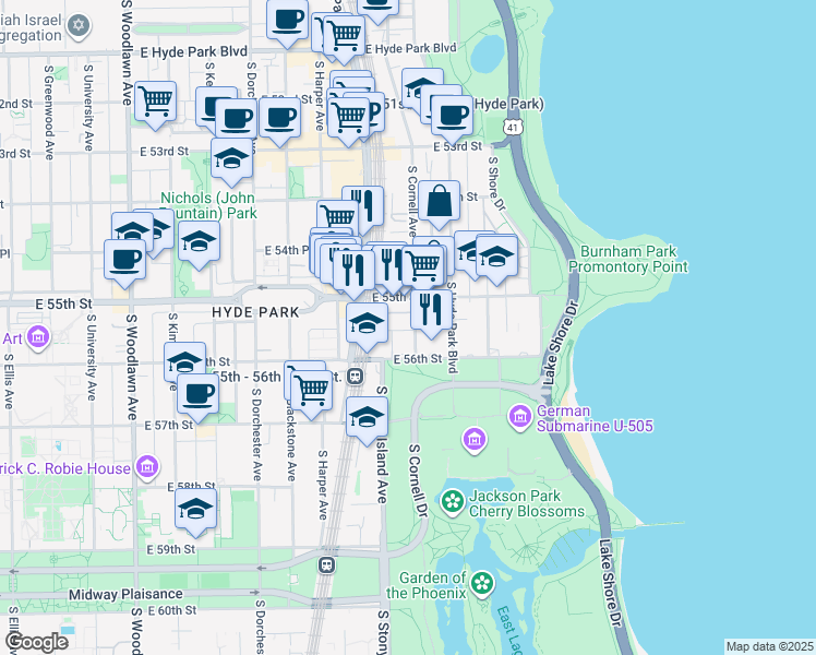map of restaurants, bars, coffee shops, grocery stores, and more near 5528-5532 South Everett Avenue in Chicago
