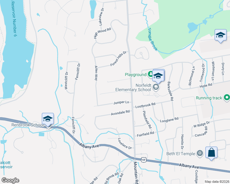 map of restaurants, bars, coffee shops, grocery stores, and more near Apple Hill Road in West Hartford