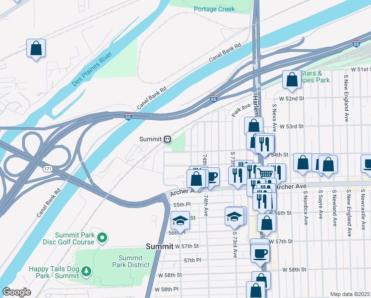 map of restaurants, bars, coffee shops, grocery stores, and more near 7506 West Hanover Street in Summit