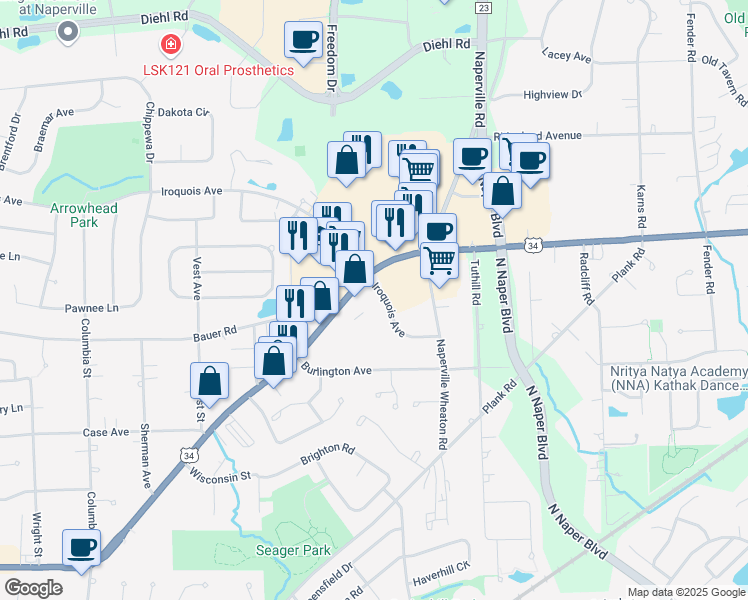 map of restaurants, bars, coffee shops, grocery stores, and more near 1240 Iroquois Avenue in Naperville