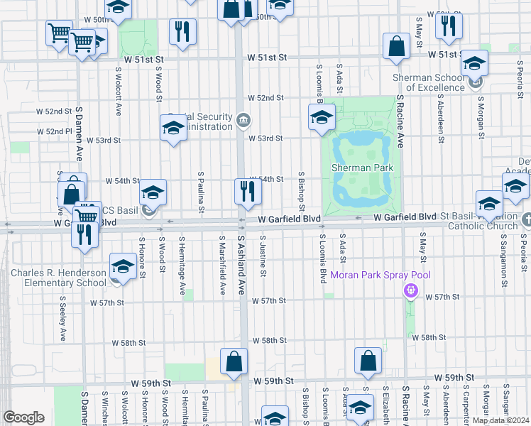 map of restaurants, bars, coffee shops, grocery stores, and more near 5455 South Justine Street in Chicago