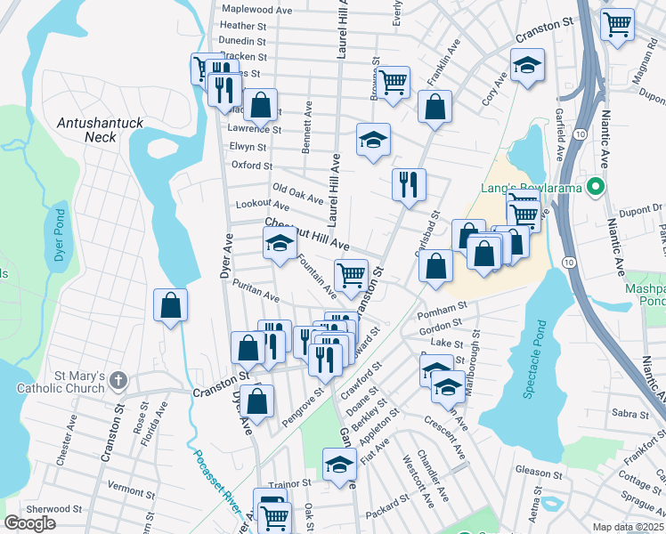 map of restaurants, bars, coffee shops, grocery stores, and more near 4 Pavilion Court in Cranston