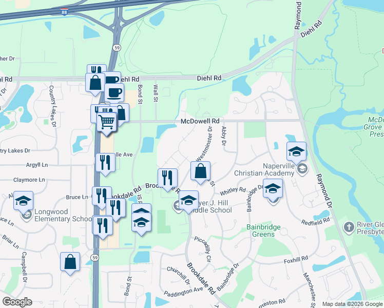 map of restaurants, bars, coffee shops, grocery stores, and more near 1621 Westminster Drive in Naperville
