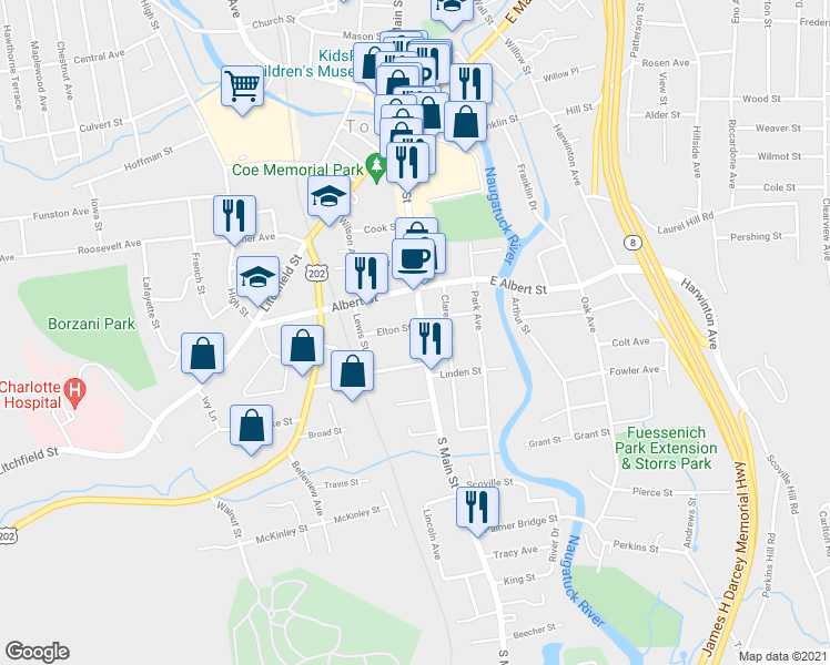 map of restaurants, bars, coffee shops, grocery stores, and more near 294 South Main Street in Torrington