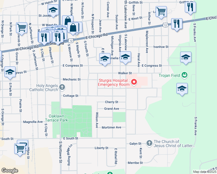 map of restaurants, bars, coffee shops, grocery stores, and more near 606 Myrtle Avenue in Sturgis