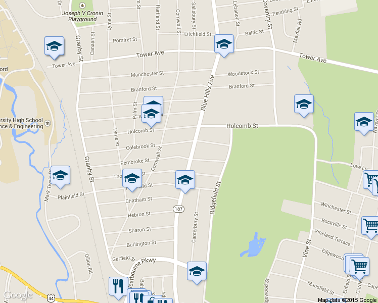 map of restaurants, bars, coffee shops, grocery stores, and more near 339 Blue Hills Avenue in Hartford