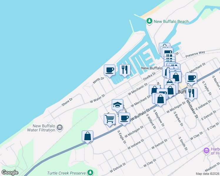 map of restaurants, bars, coffee shops, grocery stores, and more near 310 North Berrien Street in New Buffalo
