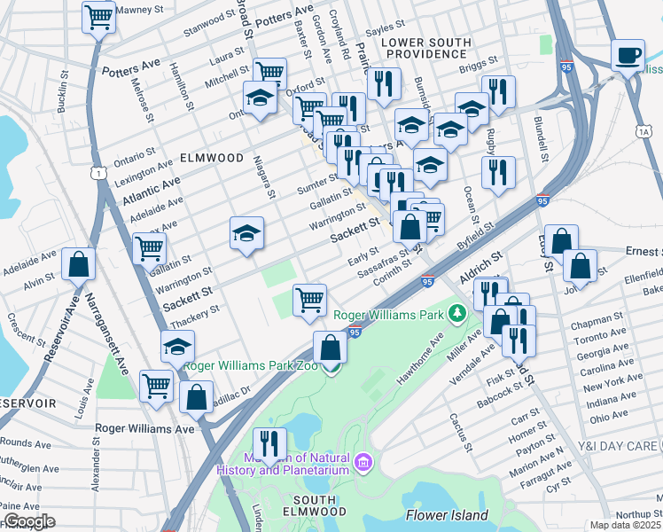 map of restaurants, bars, coffee shops, grocery stores, and more near 213 Early Street in Providence
