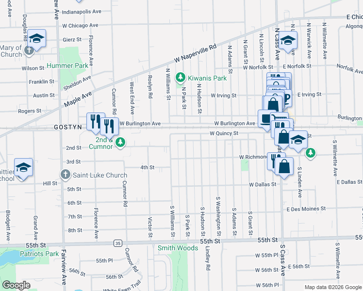 map of restaurants, bars, coffee shops, grocery stores, and more near 20 South Park Street in Westmont