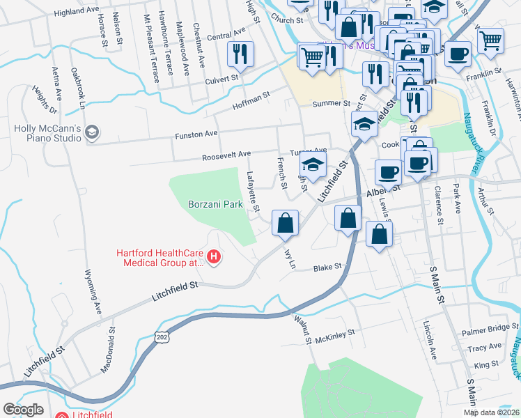 map of restaurants, bars, coffee shops, grocery stores, and more near 181 Lafayette Street in Torrington