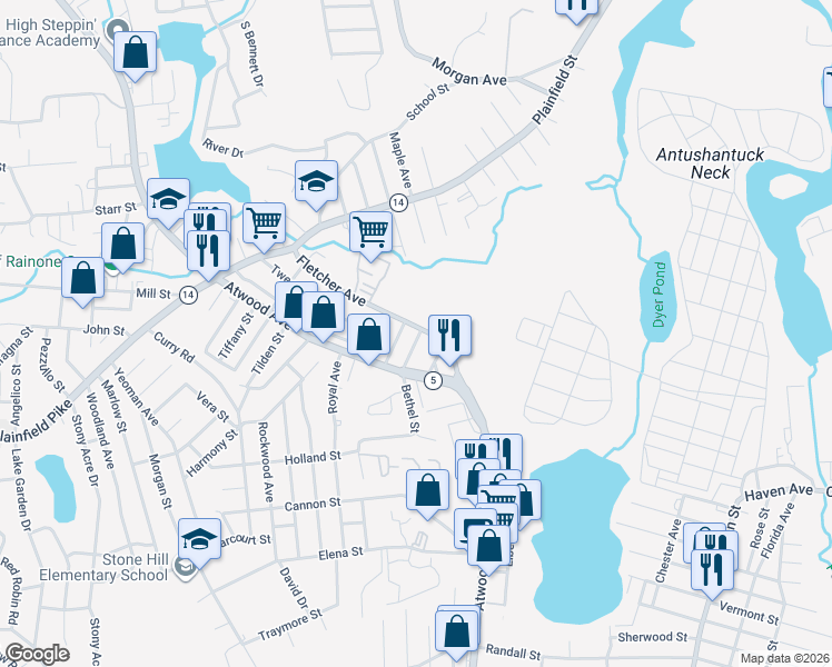 map of restaurants, bars, coffee shops, grocery stores, and more near 120 Fletcher Ave in Cranston