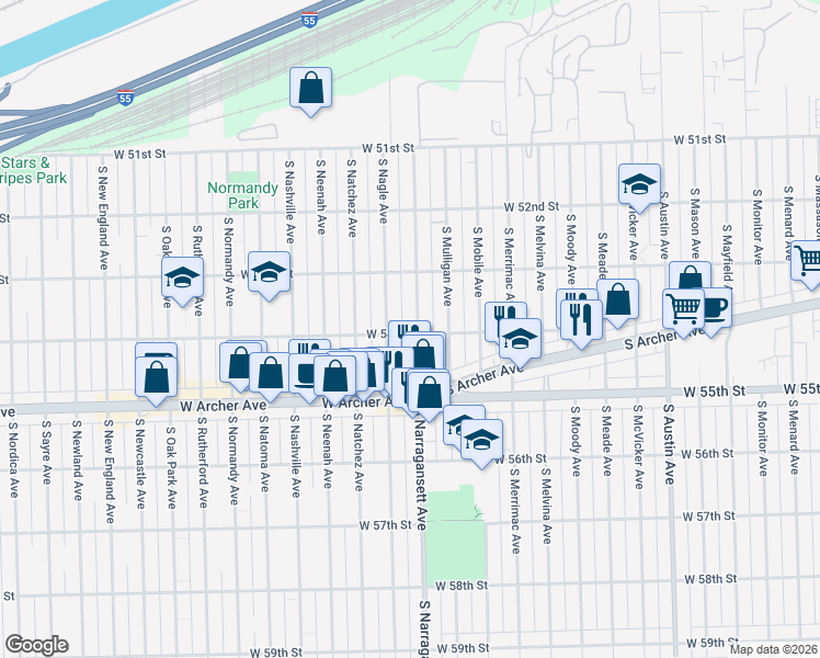 map of restaurants, bars, coffee shops, grocery stores, and more near 5355 South Narragansett Avenue in Chicago