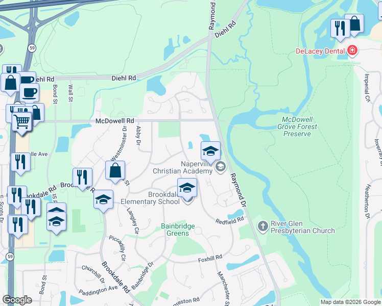map of restaurants, bars, coffee shops, grocery stores, and more near 1551 Raymond Drive in Naperville