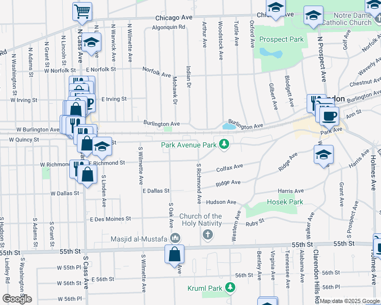 map of restaurants, bars, coffee shops, grocery stores, and more near 22 South Richmond Avenue in Westmont