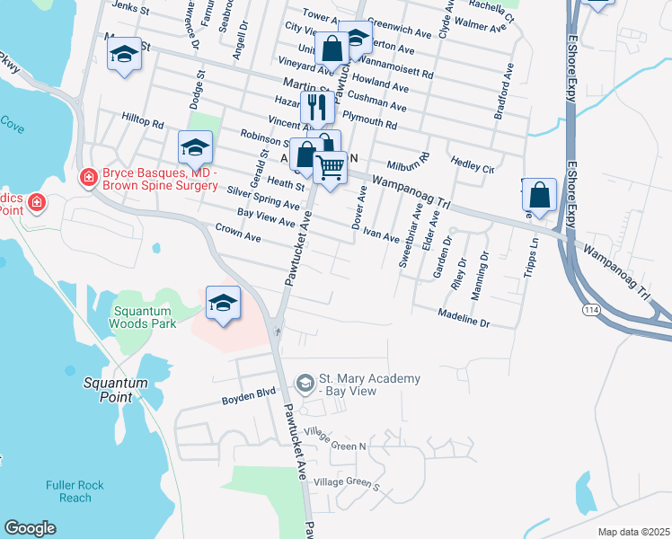 map of restaurants, bars, coffee shops, grocery stores, and more near 28 Redfern Street in East Providence