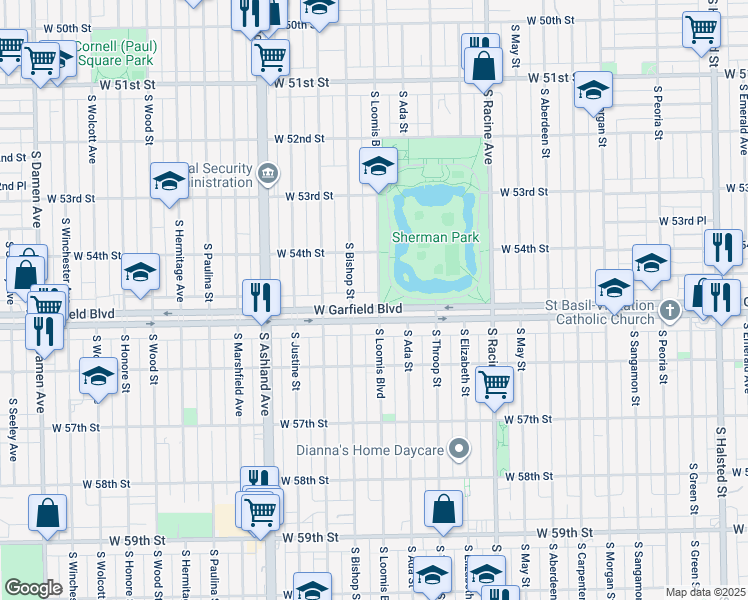 map of restaurants, bars, coffee shops, grocery stores, and more near 1400 West Garfield Boulevard in Chicago