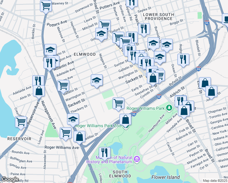 map of restaurants, bars, coffee shops, grocery stores, and more near 285 Niagara Street in Providence