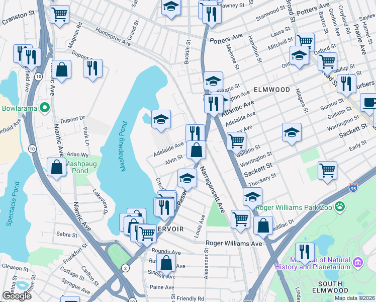 map of restaurants, bars, coffee shops, grocery stores, and more near 350 Adelaide Avenue in Providence