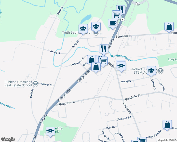 map of restaurants, bars, coffee shops, grocery stores, and more near 11 Helm Road in East Hartford