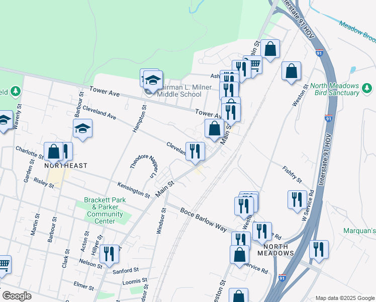 map of restaurants, bars, coffee shops, grocery stores, and more near 44 Cleveland Avenue in Hartford