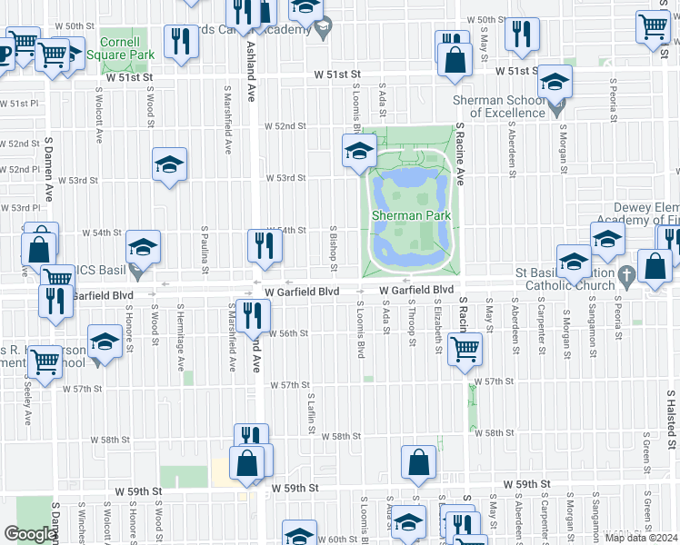 map of restaurants, bars, coffee shops, grocery stores, and more near 1400 West Garfield Boulevard in Chicago