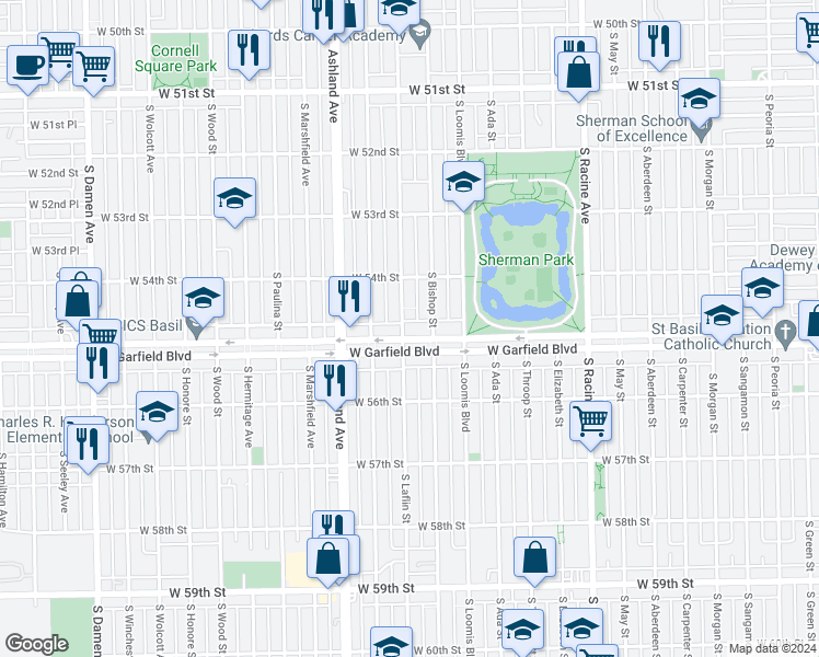 map of restaurants, bars, coffee shops, grocery stores, and more near 1444 West Garfield Boulevard in Chicago