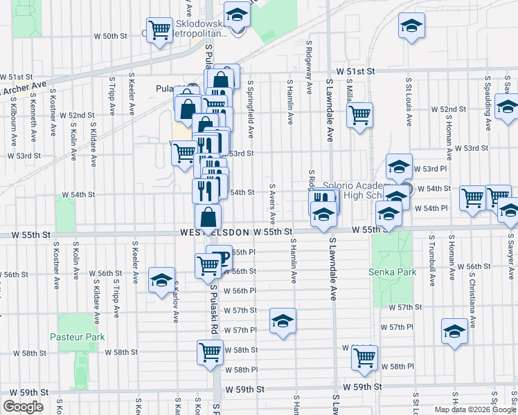 map of restaurants, bars, coffee shops, grocery stores, and more near 5418 South Avers Avenue in Chicago