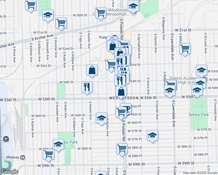 map of restaurants, bars, coffee shops, grocery stores, and more near 5414 South Karlov Avenue in Chicago