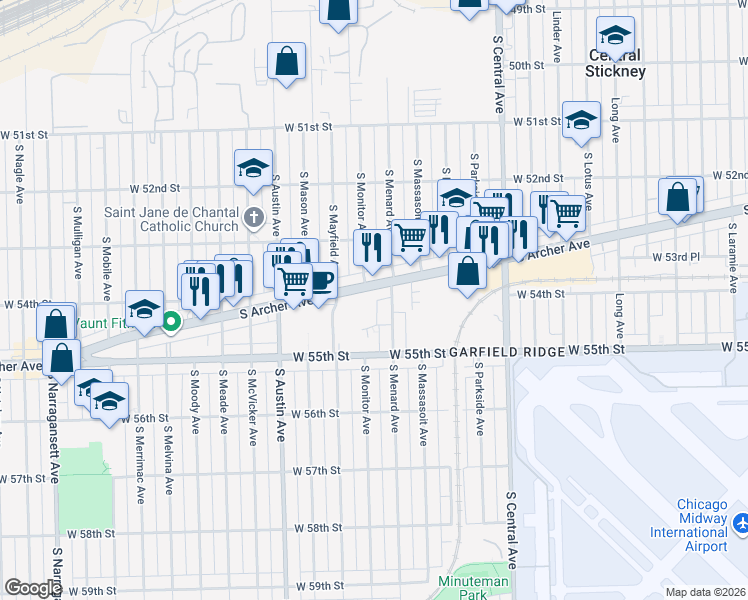 map of restaurants, bars, coffee shops, grocery stores, and more near 6037 South Archer Avenue in Chicago