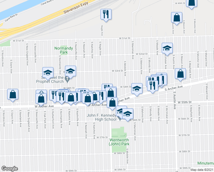 map of restaurants, bars, coffee shops, grocery stores, and more near 5355 South Narragansett Avenue in Chicago