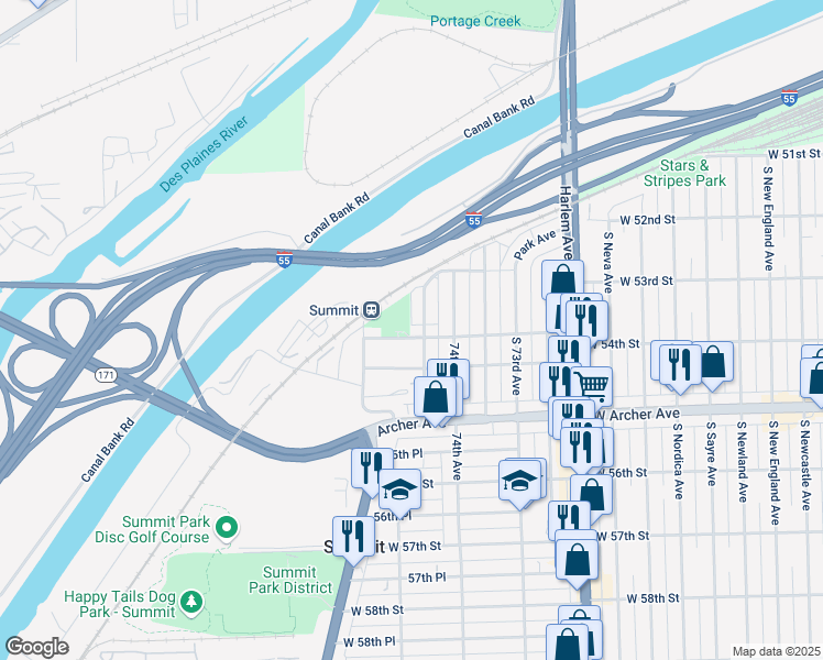 map of restaurants, bars, coffee shops, grocery stores, and more near 7506 West Hanover Street in Summit