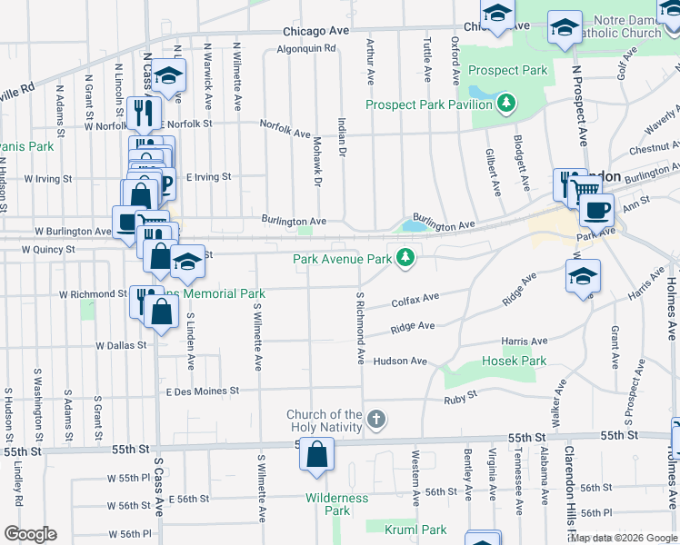map of restaurants, bars, coffee shops, grocery stores, and more near 22 South Richmond Avenue in Westmont