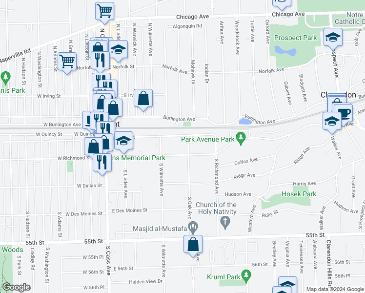 map of restaurants, bars, coffee shops, grocery stores, and more near 31 West Quincy Street in Westmont