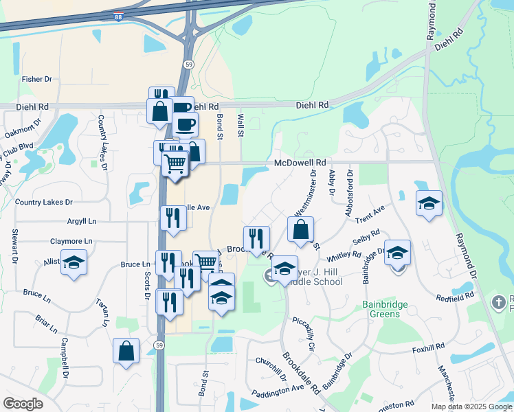 map of restaurants, bars, coffee shops, grocery stores, and more near Spice Run Dr in Naperville