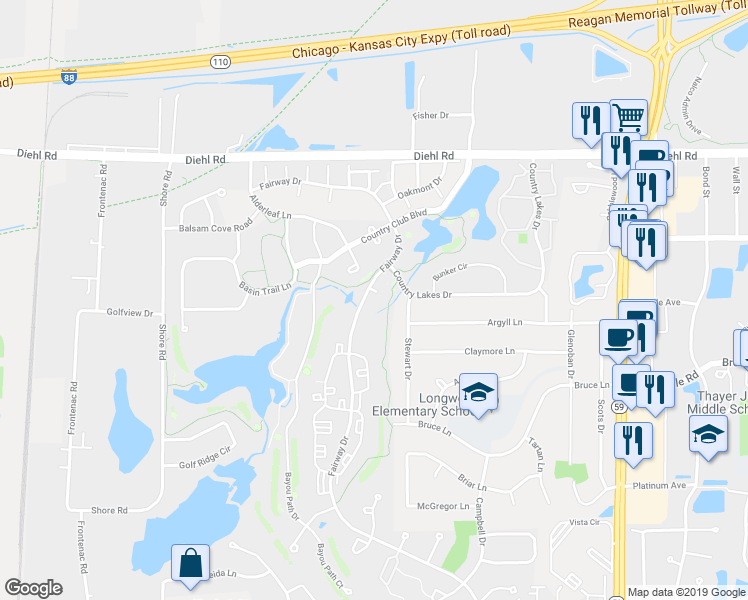 map of restaurants, bars, coffee shops, grocery stores, and more near 1594 Fairway Drive in Naperville