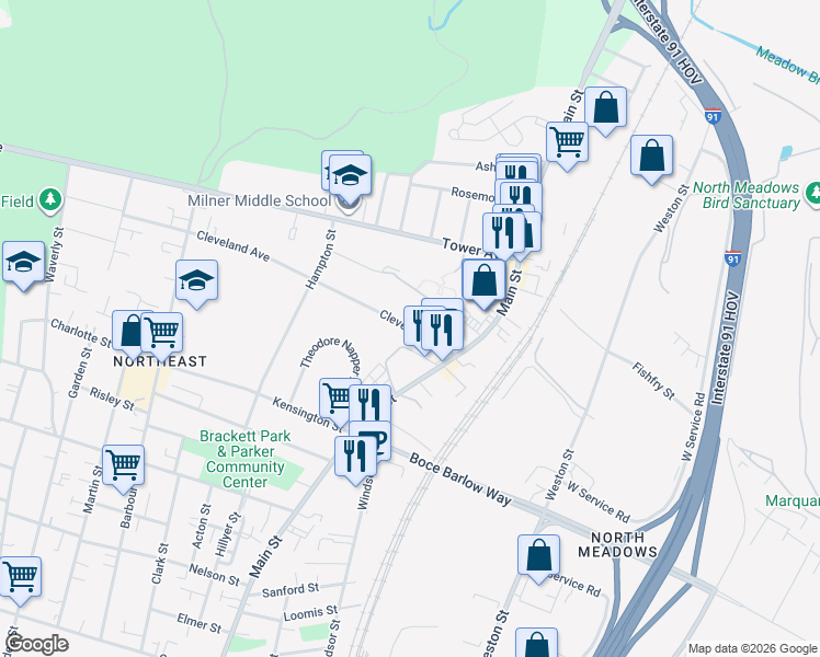map of restaurants, bars, coffee shops, grocery stores, and more near 44 Cleveland Avenue in Hartford